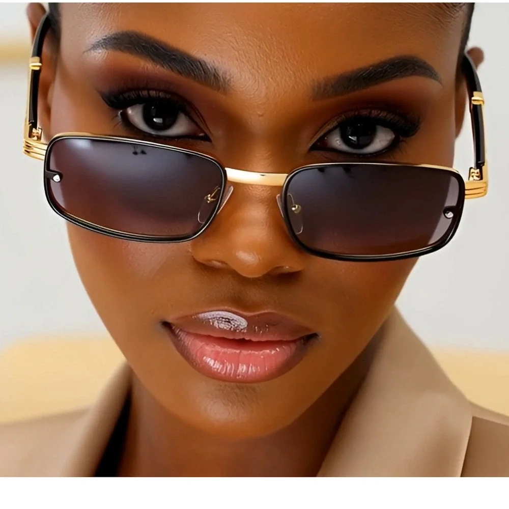 Rimless Sunglasses Rectangle Gold Wood Arms WomenFashion‎ Dark Black Lens Lentes